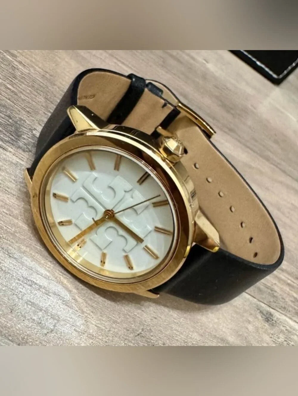 Tory Burch Men's Gold Case Watch with White Dial and Black Strap